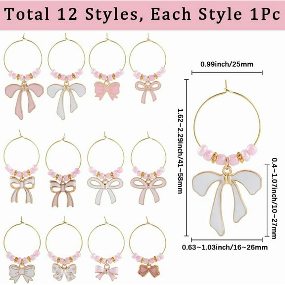 12 Styles Bow Drink Charms Drink Tag Charms Bulk Pink Cute Kawaii Alloy Enamel Bowknot Labels Cups Stem Identifier Gold Markers Wine Glass Labels for Party Favor Tasting Supplies Women Adult