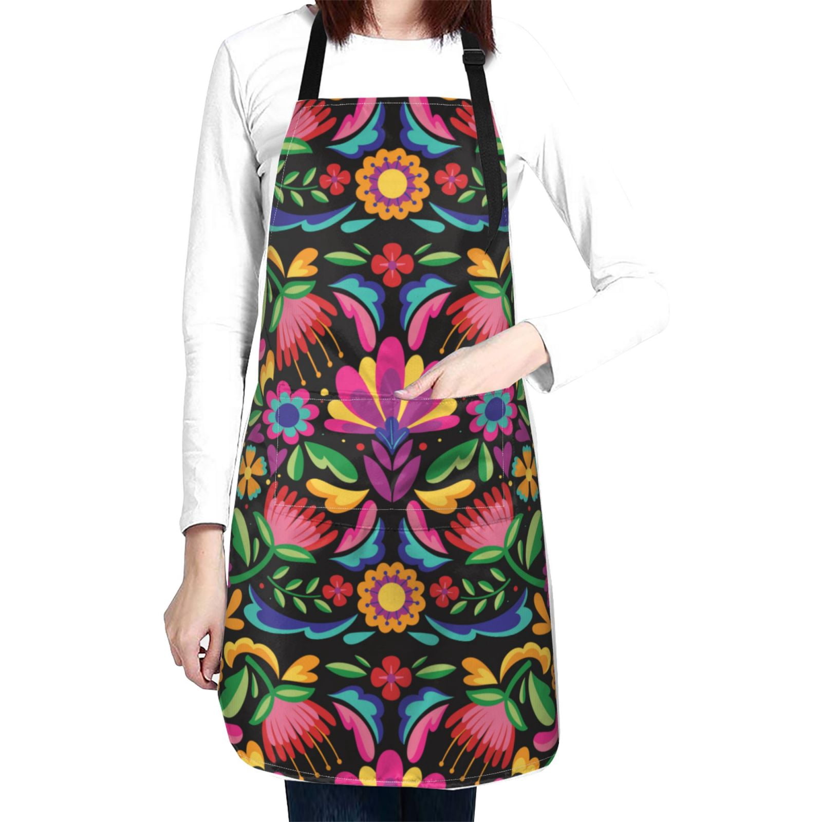 Kdxio Colorful Floral Embroidery Mexican Apron with Pockets Adjustable Kitchen Aprons for Men Women Waterproof Aprons for Cooking,Drawing,Crafting, Baking Household Cleaning