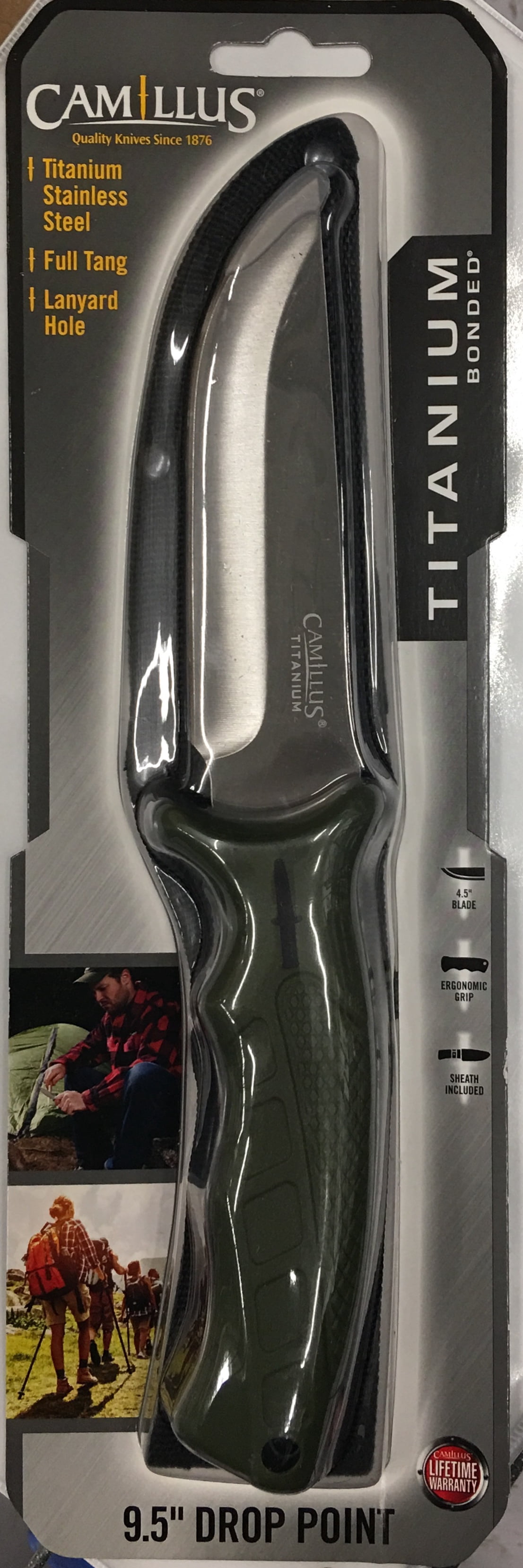 Camillus Camp 9.5" Knife, 4.5" Drop-Point Fixed Blade with Sheath, Green
