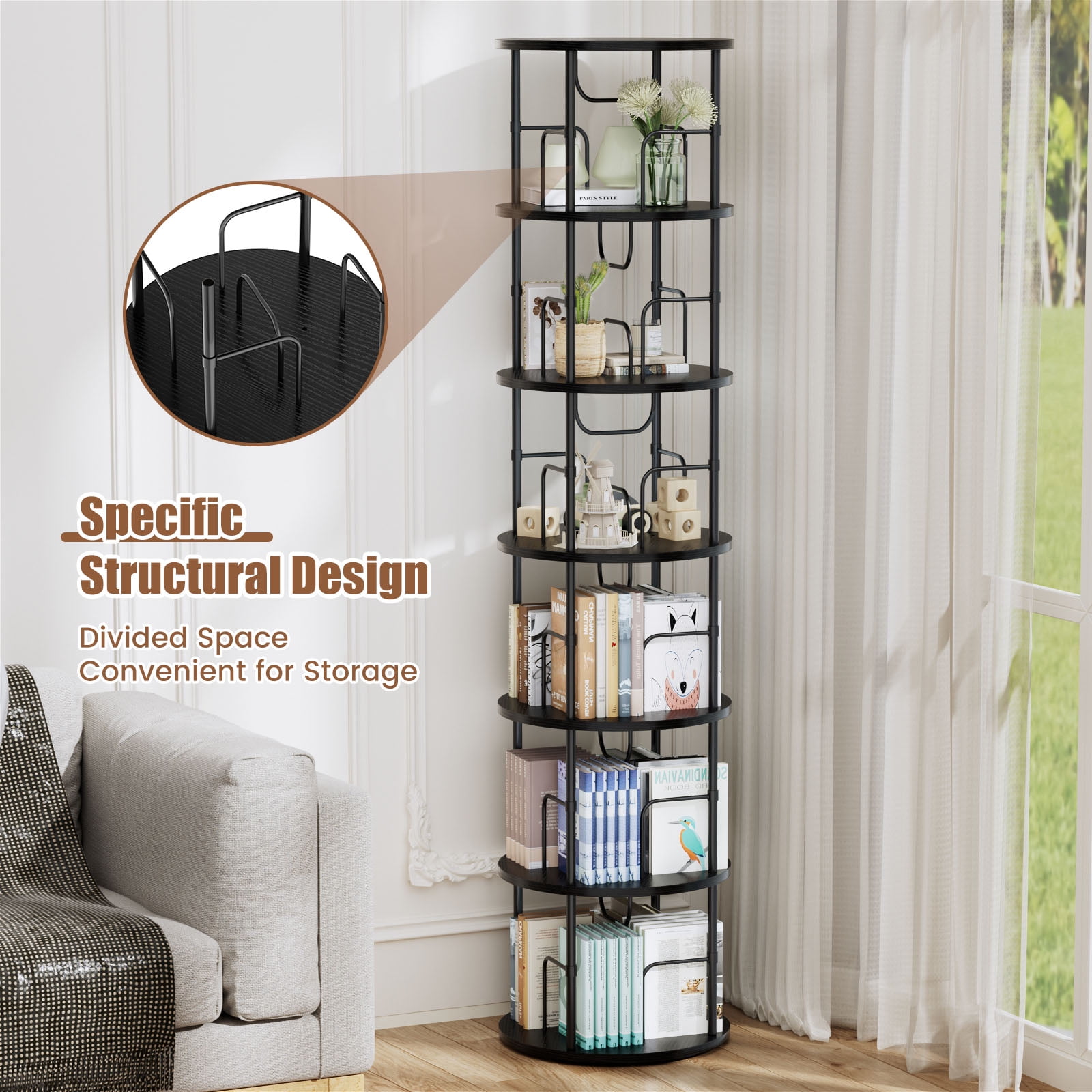 Flycity 6 Tier Rotate Bookcases, 360° Display Spin Bookcases Corner Shelf with Special Visible Partition Storage, Black
