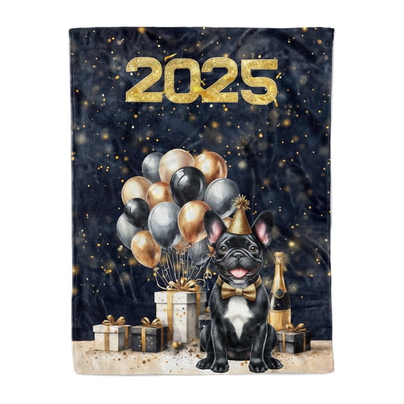 Happy New Year French Bulldog Welcome 2025 Balloon Firework Party Cozy Fleece Blanket Dog Lover Gifts Warm Soft Throw Blanket - 01014