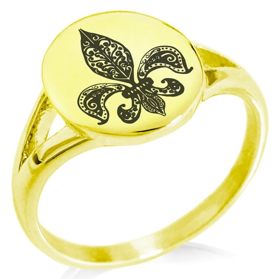 Stainless Steel Paisley Fleur De Lis Minimalist Oval Top Polished Statement Signet Ring