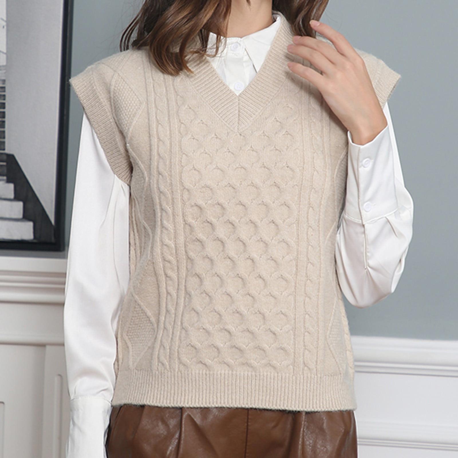 Stylish Women Casual V Neck Hollow Diamond Knitted Vest Sweater