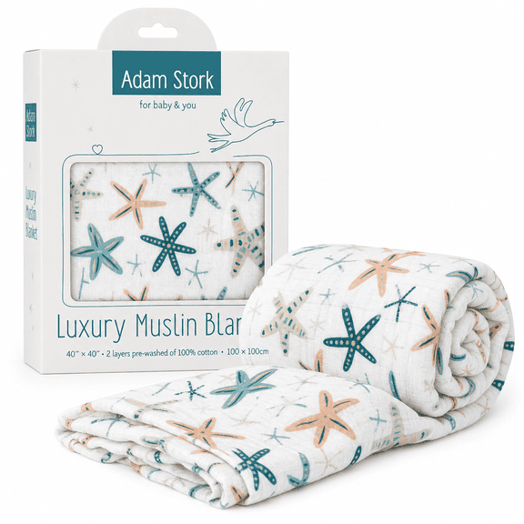 Beach Themed Baby Swaddle Blanket Neutral 100% Cotton Luxury Muslin for Newborns Baby Girls and Boys Blue Beige Starfish