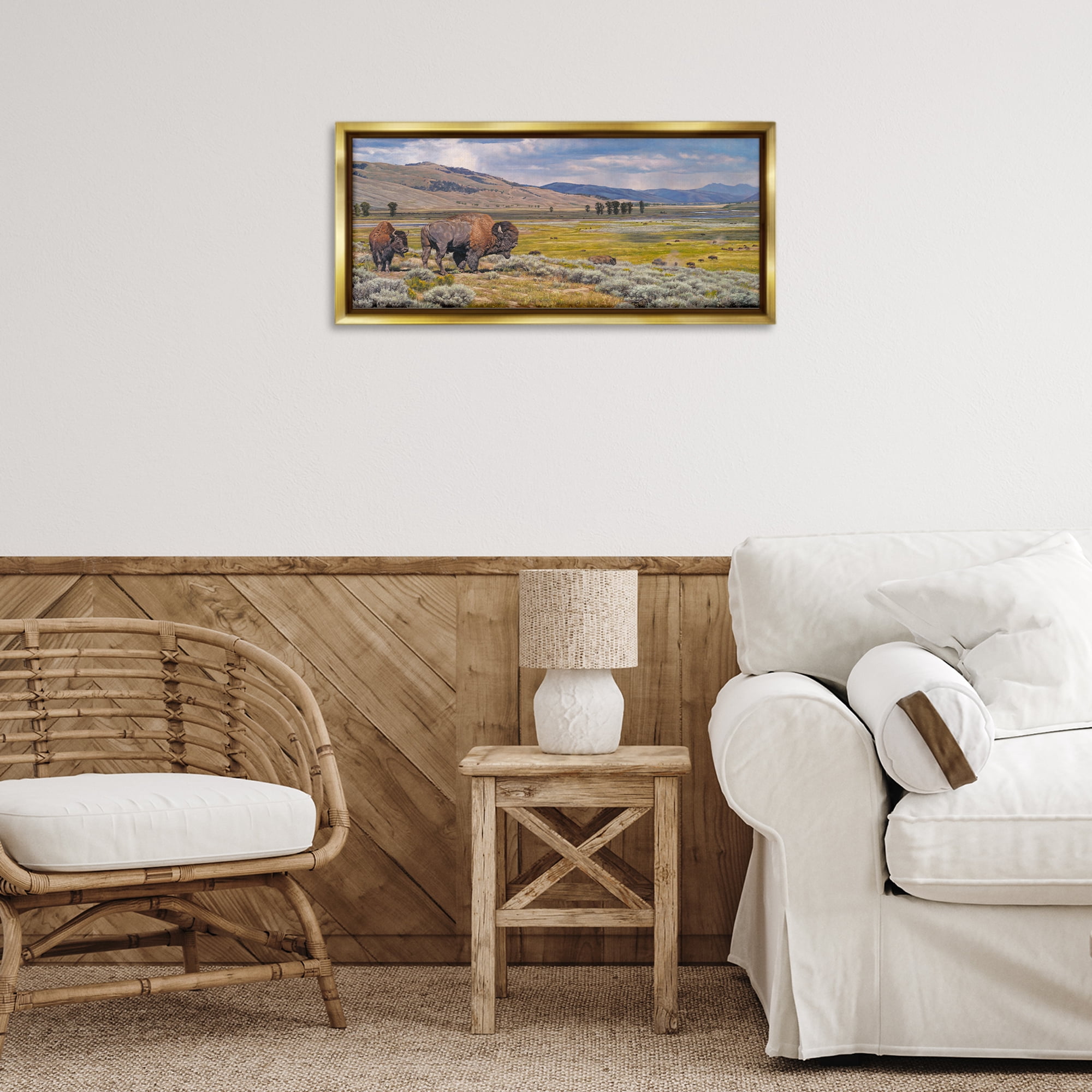 Stupell Industries Roaming Southwestern Bison Landscape Painting Gold Floater Framed Art Print Wall Art, 25 x 11