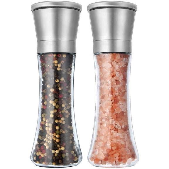 Salt and Pepper Grinder Set of 2, Premium Stainless Steel Spice Mill with Adjustable Coarseness, Ceramic Blades, Refillable Glass Body with 60Z capacity