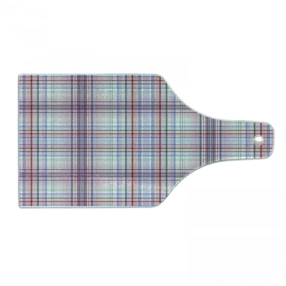 Checkered Cutting Board, Thin Geometric Strips Retro Folkloric Irish Cultural Design, Decorative Tempered Glass Cutting and Serving Board, Wine Bottle Shape, Violet Blue Turquoise, by Ambesonne