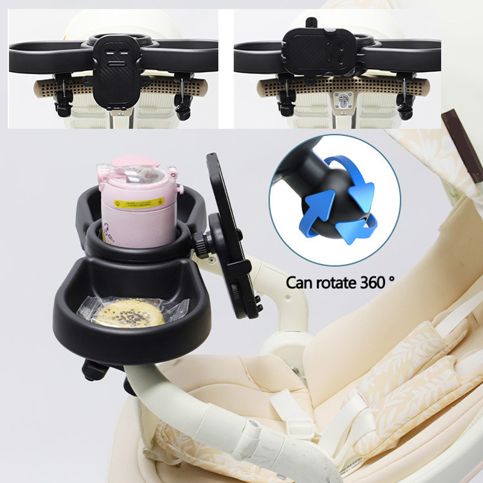 Portable Baby Strollers Eating Tray, 4 in 1 Pram Plate Milk Bottle Cup Holder Phone Bracket Stand
