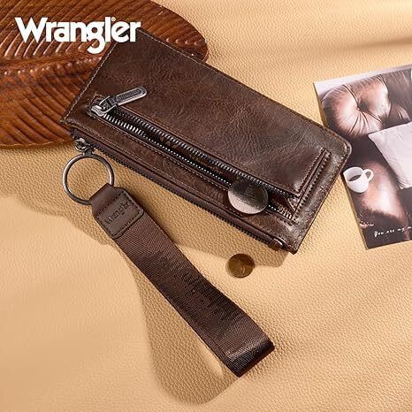 Wrangler Women’s Western Wallet - RFID Blocking Bifold Wristlet with Zipper Pocket and Elegant Tooling Design, Coffee