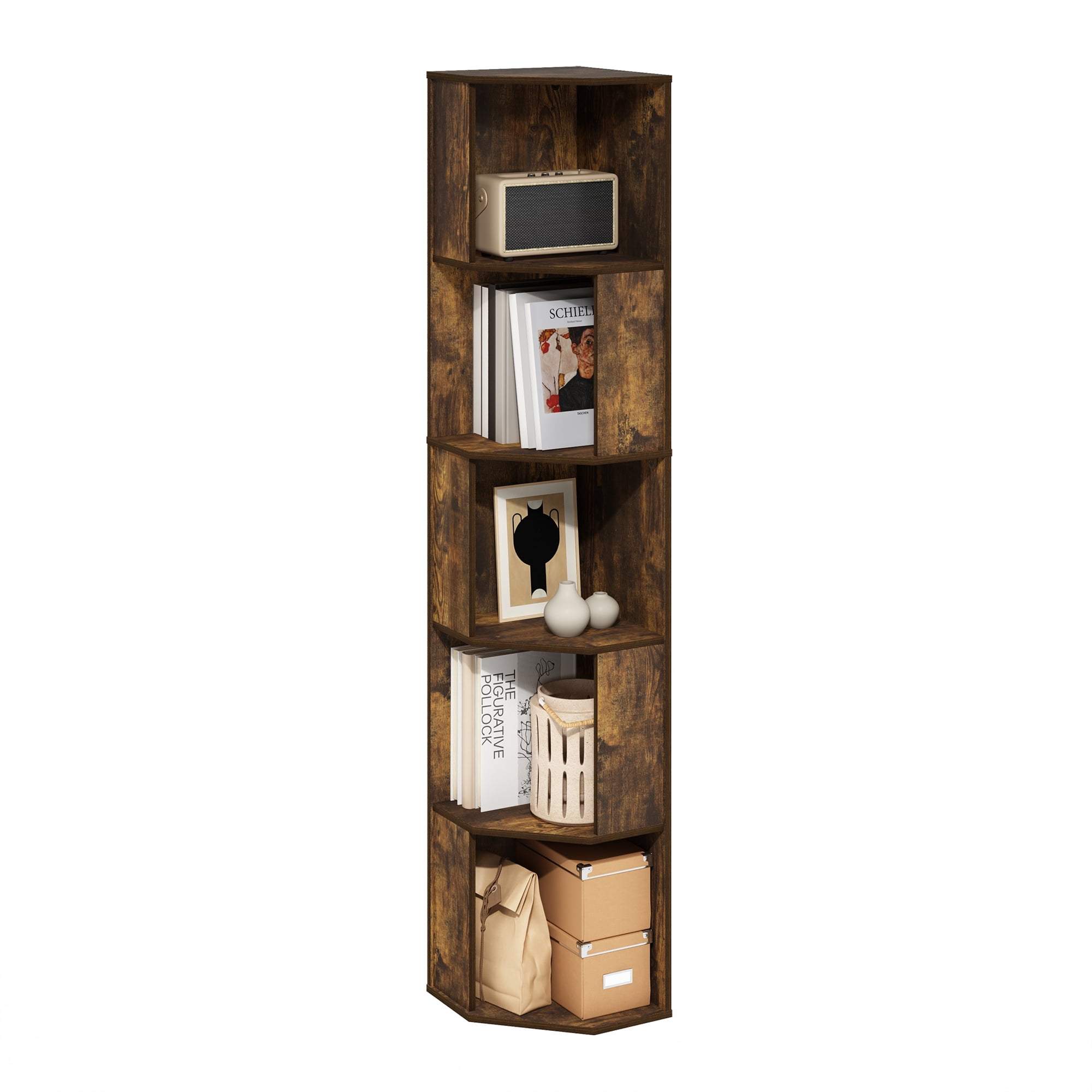 Furinno ECON 5-Tier Freestanding Corner Shelf Bookcase in Bookshelf Amber Pine