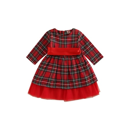 

Bagilaanoe Toddler Baby Girl Christmas Dress Plaid Print Long Sleeve A-line Princess Dresses 9M 12M 18M 24M 3T 4T 5T Kid Fall Tulle Patchwork Skirt