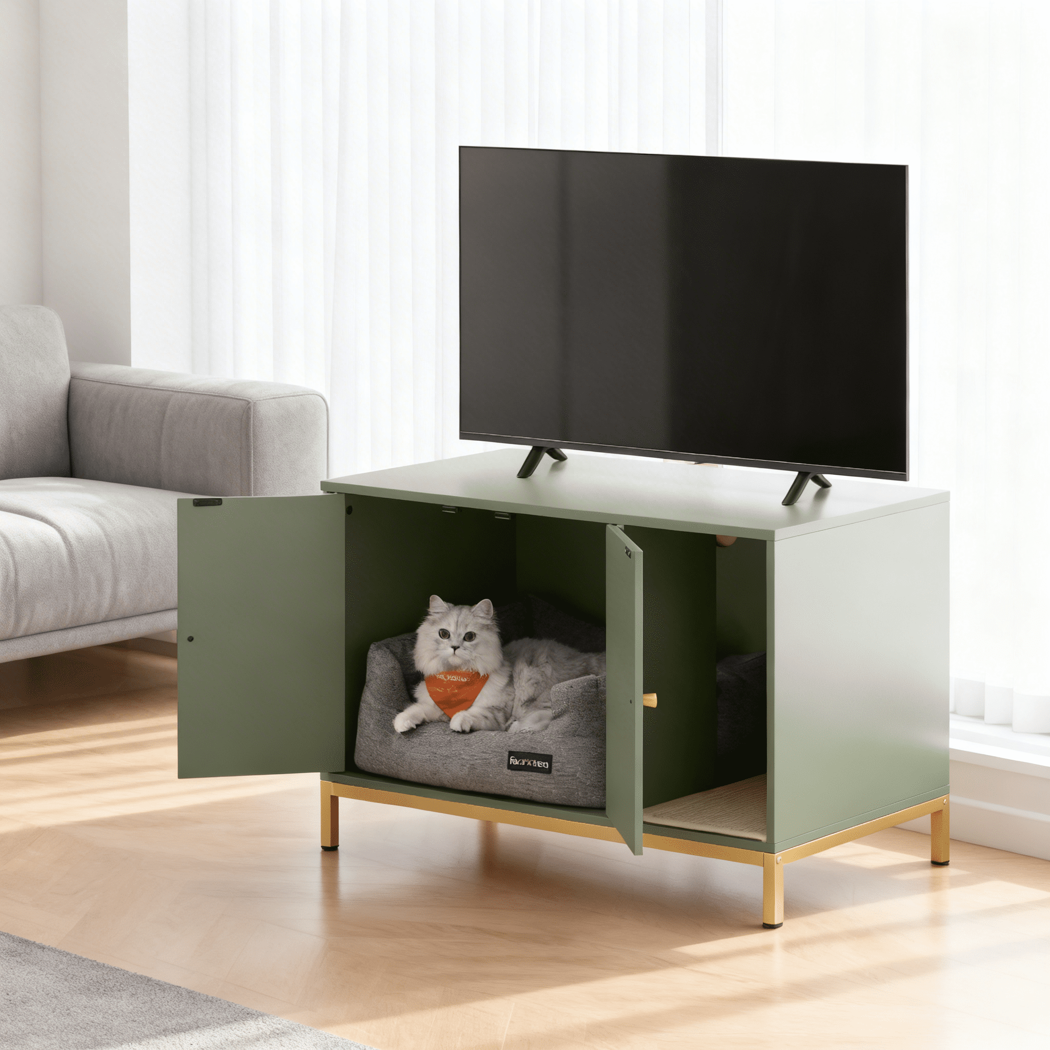 LEDREM Cat Litter Box Enclosure with Scratch Pad, Hidden Litter Box Furniture with Double Cabinet Doors, Side End Table, Forest Green and Gold