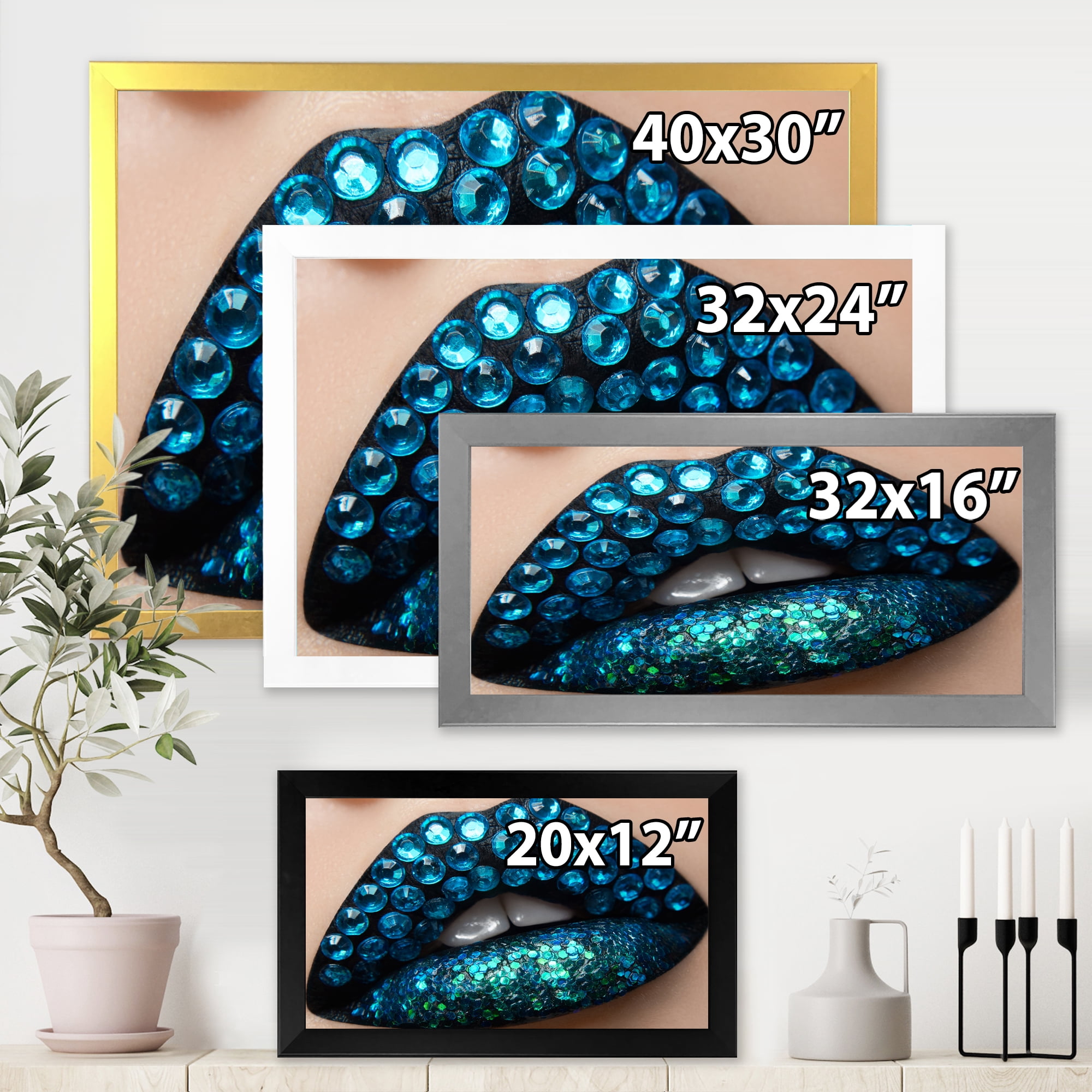 Designart 'Woman Lips With Black Lipstick Blue Diamonds' Modern Framed Art Print