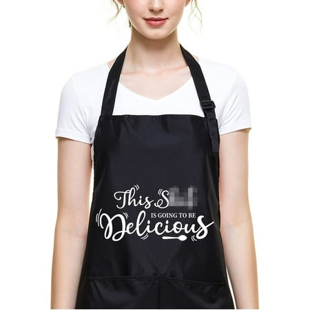 

Funny Black Apron for Women Men - This is Going to be Delicious - Cute Kitchen Chef Apron with 2 Pockets and Adjustable Neck Strap - Perfect Gifts for Birthday/Christmas/Thanksgiving for Family C49