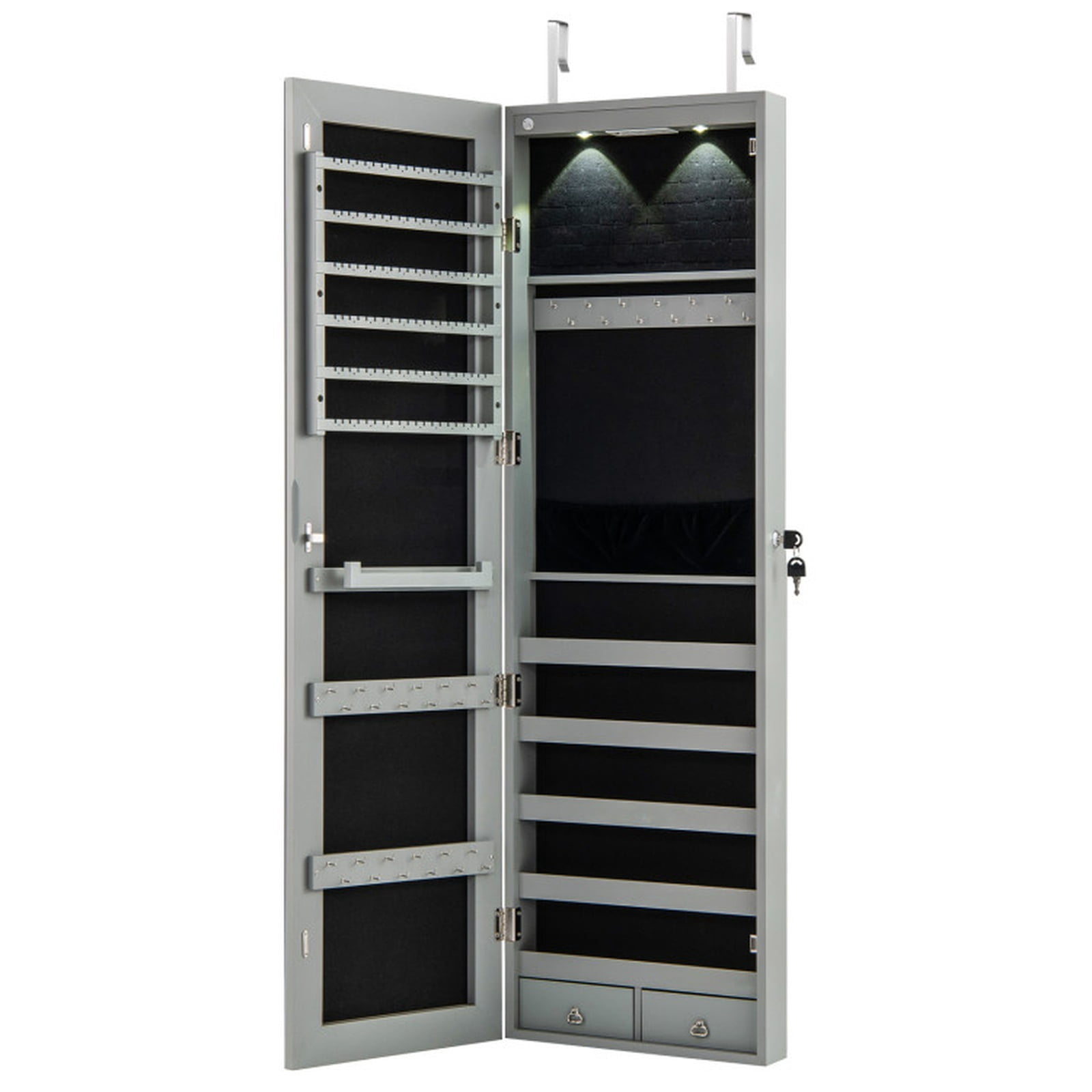 Furnibear Wall and Door Mounted Mirrored Jewelry Cabinet with Lights for Bedroom Dressing Room Jewelry Necklace Rings Storage Mirror, Gray