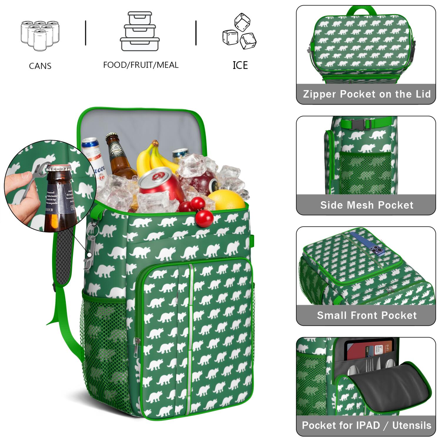 Travel Cooler Bag - Green Dinosaurs Pattern Camping Beer Cooler Backpack with Bottle Opener- Waterproof Insulated Picnic Backpacks - Cooler Bag for Beach