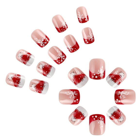 Christmas Press on Nails Short Square Snowflake Stick on Nails Manicure Nail Art Decoration for Women and Girls 24Pcs