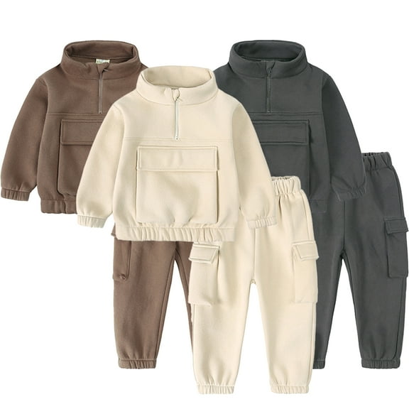 Esaierr 1-7T Kids Toddler Boys Girls Fall Winter Fleece Sweatshirt Outfits 2PCS Fashionable Pullover Sweatsuit Two-Piece Solid Color Warm Sweater Tops Jogger Pants Set
