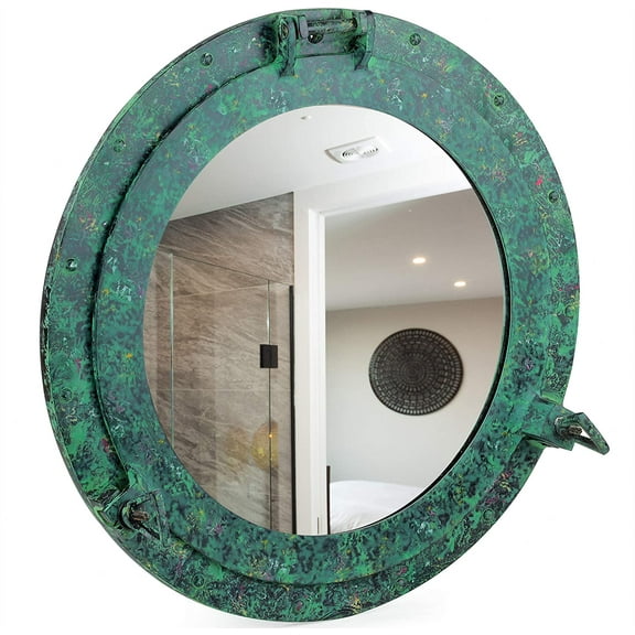 Algae Green Nautical Ship's Porthole Window Mirror Frame | Pirate's Home Decor | Wall Hanging Ideas | Aluminum Cast Handmade Wall & Bathroom Fixtures (17 Inches, Reflective Mirror)