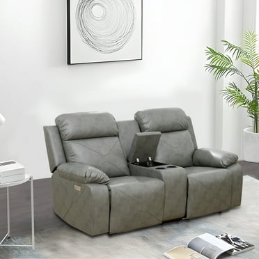 Leather Power Recliner Sofa Set with LED, Power Reclining Living Room Set, Leather Sofa Set with USB Port/Cup Holder/Storage (Loveseat, Dark Grey)