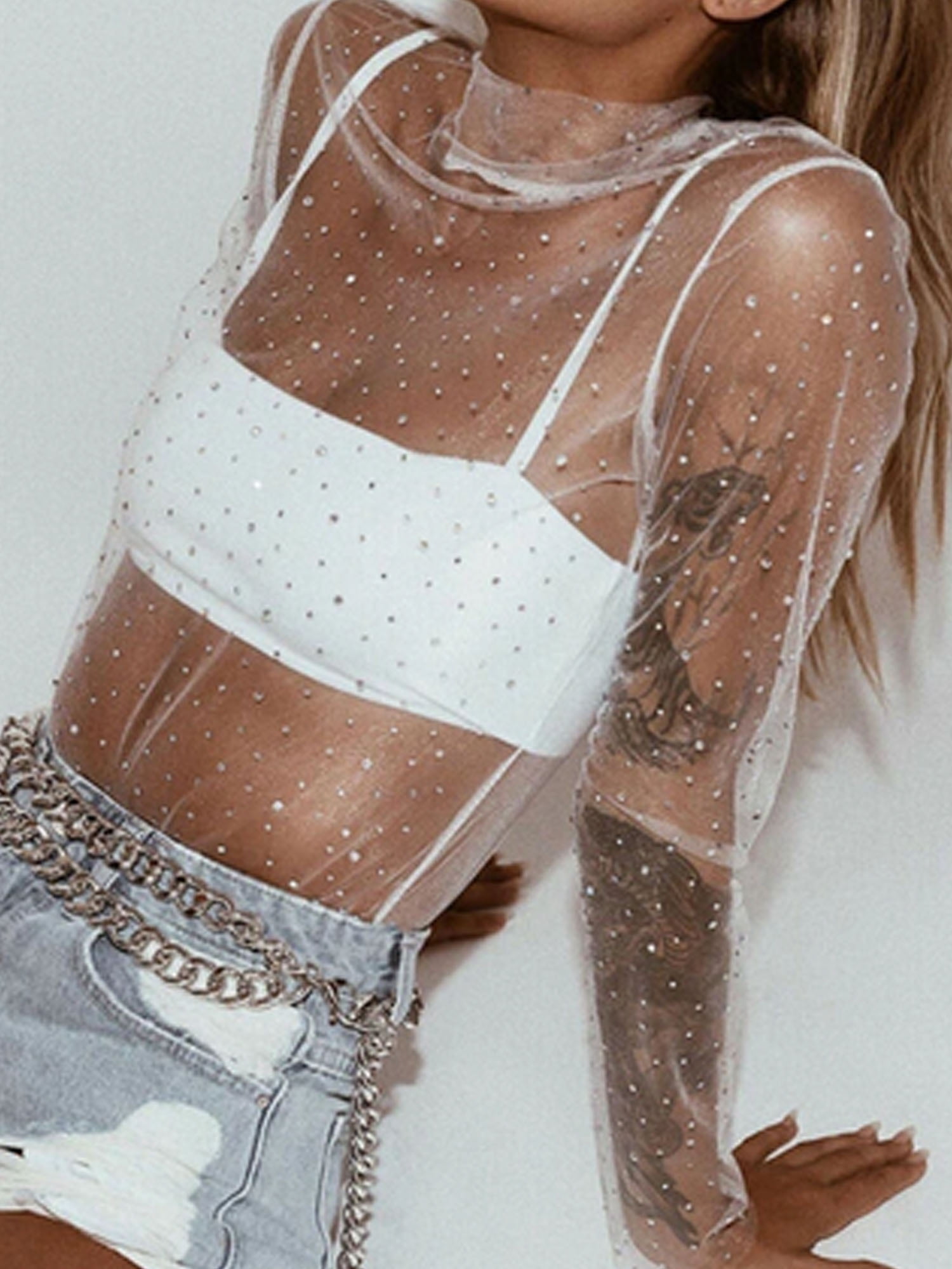 mesh top with rhinestones