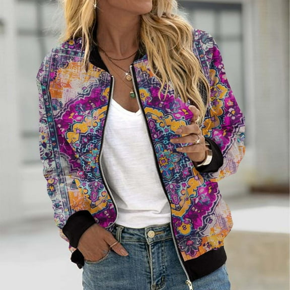 Fartey Women's Bomber Jacket Vintage Floral Print Jackets Fall Zip Up Coats with Pockets Loose Comfy Long Sleeve Crew Neck Jackets S-2XL