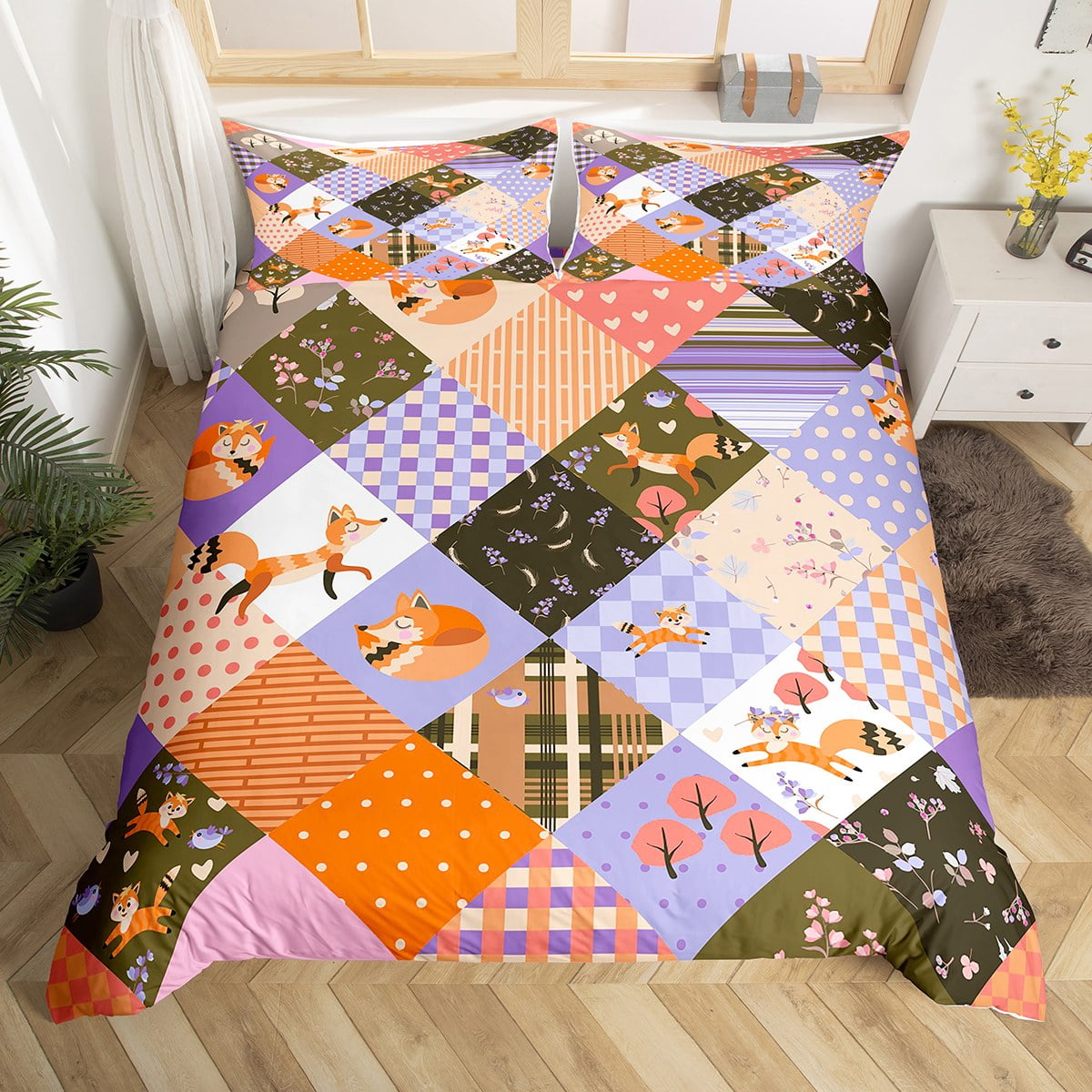 Fox Comforter Cover Cartoon Animal Patchwork Duvet Cover for Kids