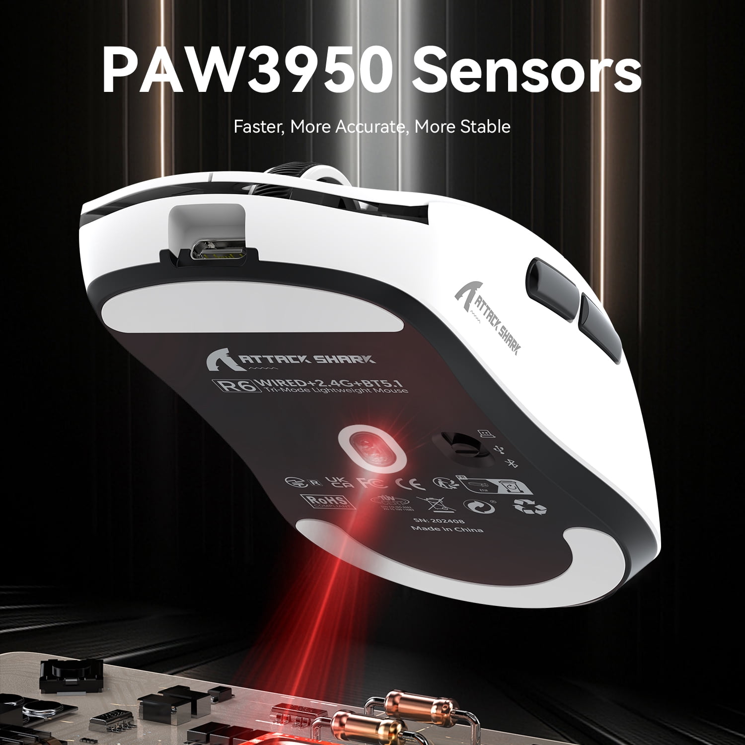 ATTACK SHARK R6 Ultralight 39g Wireless 8K PAW3950MAX Gaming Mouse, Nordic 52840 Chip, DPI up to 42000, 8000Hz Polling Rate, Ice-feeling Coating