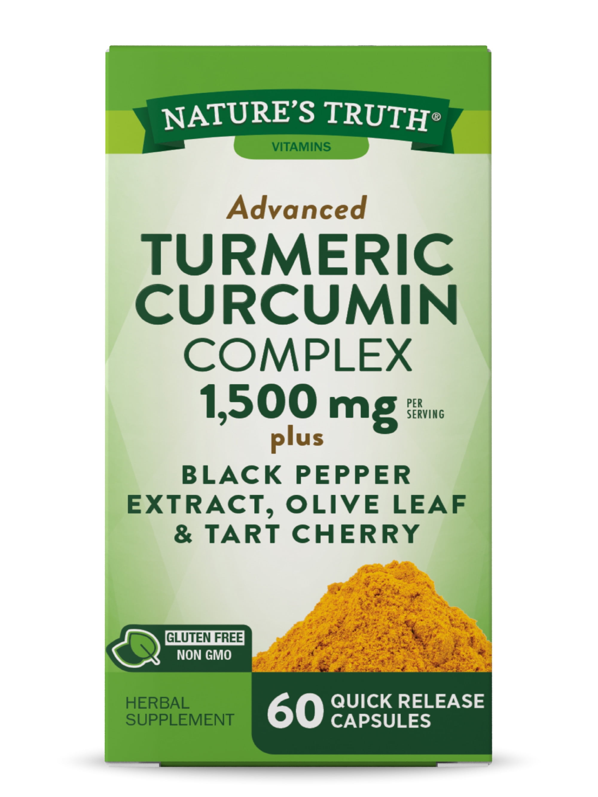 Nature's Truth Turmeric Curcumin 1500 mg | 60 Capsules | With Black Pepper Extract, Olive Leaf & Tart Cherry | Non-GMO, Gluten Free Supplement