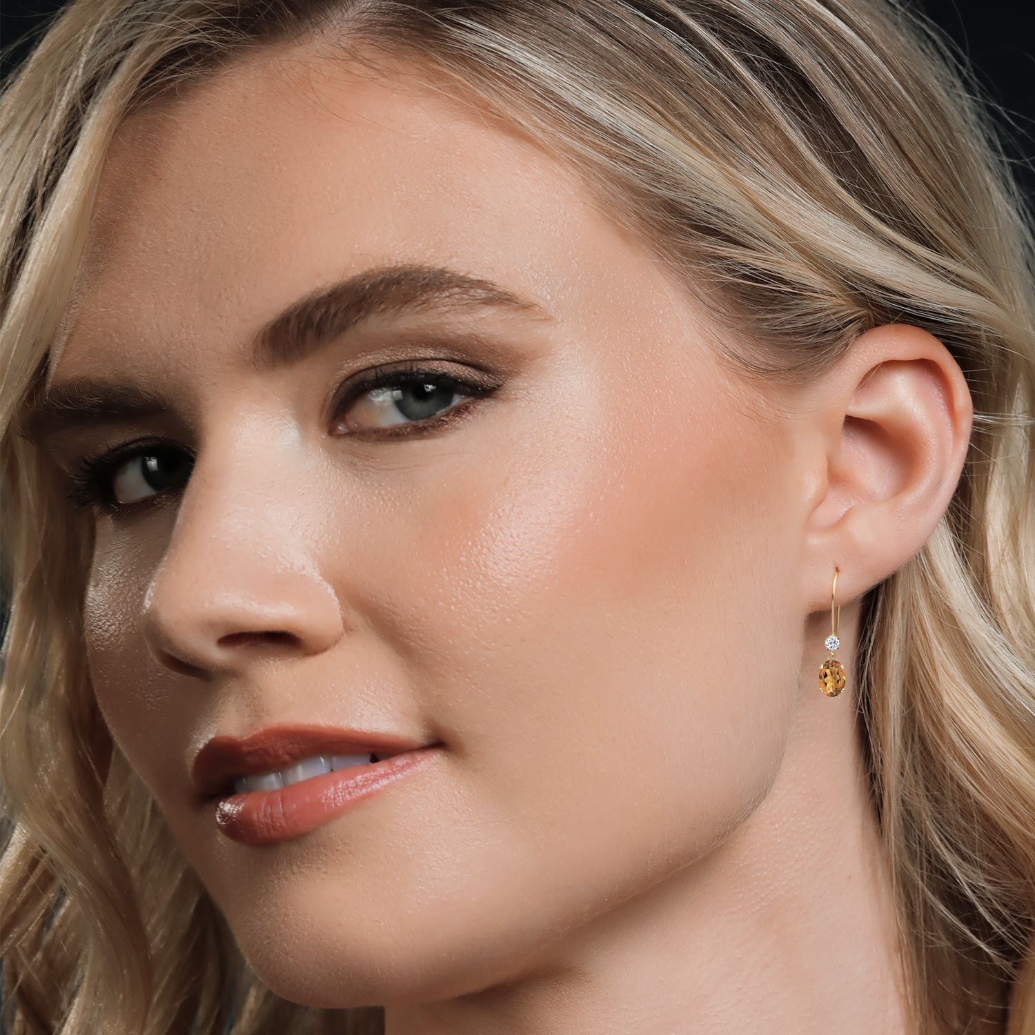 Gem Stone King 14K Yellow Gold Orange Red Madeira Citrine and White Topaz French Wire Dangle Earrings for Women (0.96 Cttw, Gemstone Birthstone, Oval 6X4MM and Round 2.5MM)