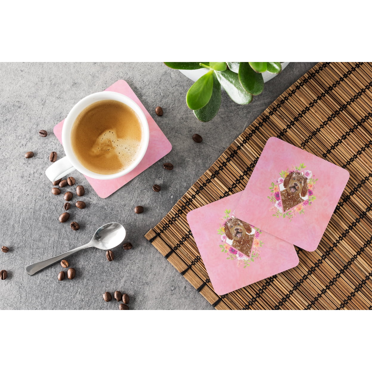 Carolines Treasures CK4228FC Labradoodle Pink Flowers Foam Coaster Set of 4 3 1/2 x 3 1/2 multicolor