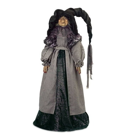 48” Not So Gracefully Aged Standing Halloween Witch with Pin Stripe Dress and Traditional Witch