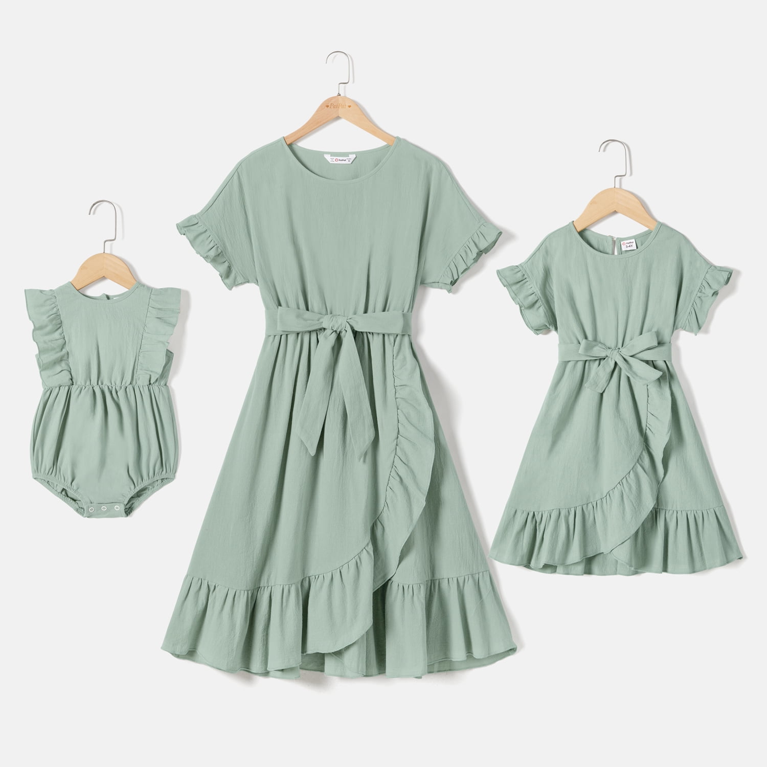 PatPat Family Matching Dress Mommy and Me 100 Cotton Green Ruffled Belted Dresses Mom and Kids