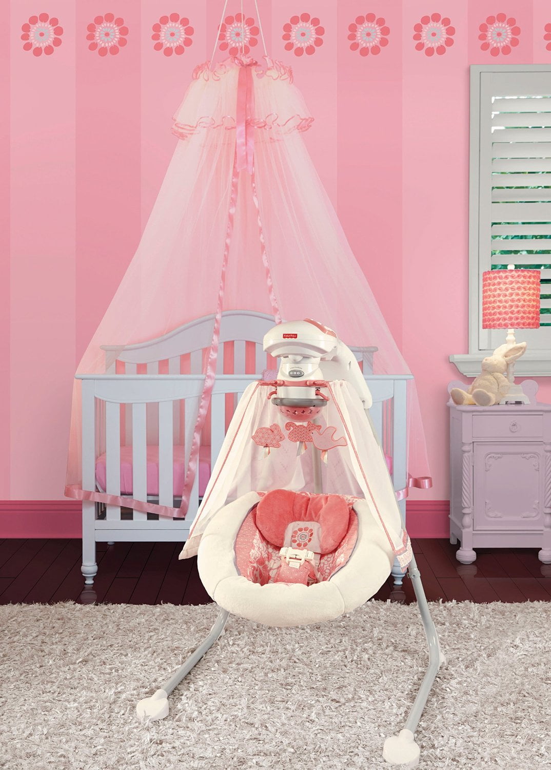 Fisher Price Coral Floral Baby Cradle Swing With Music And Hanging Toys X7050