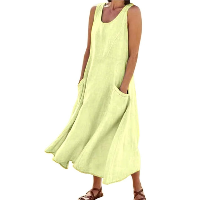Vestido largo sin mangas de lino para mujer: vestido informal con cuello redondo y bolsillos, poliéster/spandex, tallas S-XXL.
