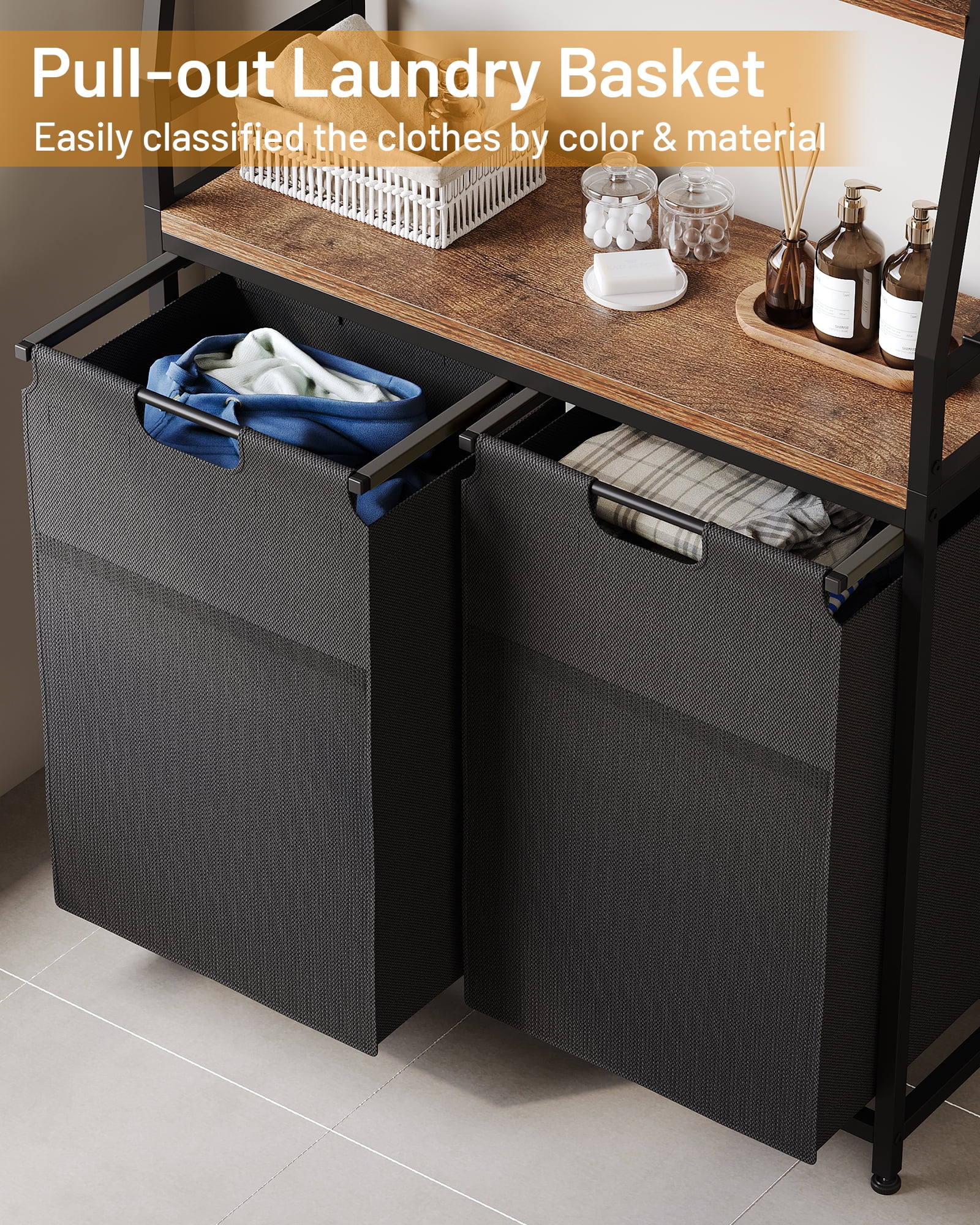 GIKPAL 2 Section Laundry Hamper, 170L Laundry Basket with 3 Shelves Laundry Sorter, Freestanding Laundry Organizer with 4 Hooks & 2 Removable Washable Bags & Side Pockets for Bathroom Dorm