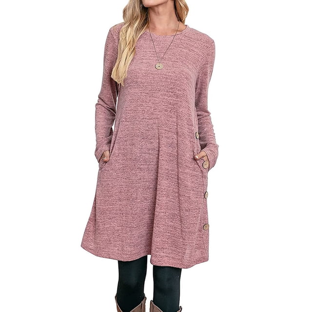 Mikilon Robe Boutonnée à Manches Longues, Col Rond, Ample, Confortable, avec Poches pour Femmes, Automne