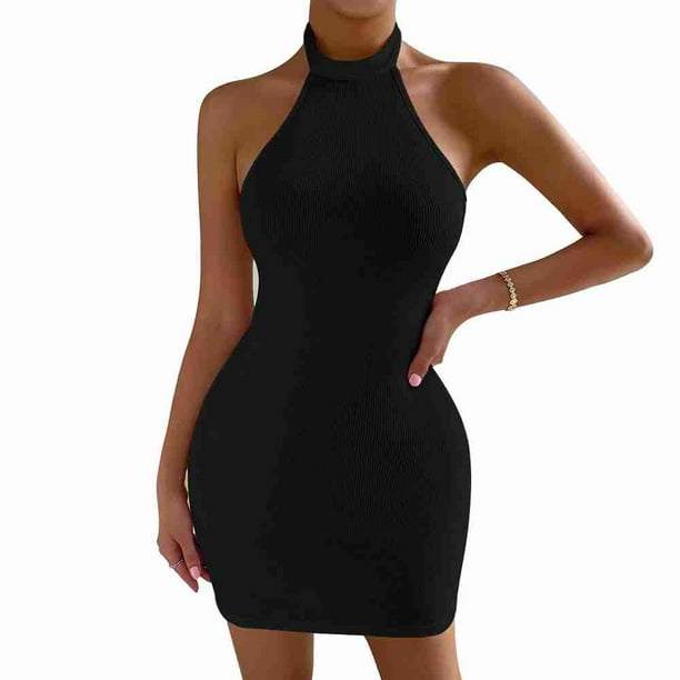 Cuello Halter Vestido Pegado Negro Corto Negro Corto Vestidos De