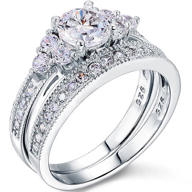 JeenMata Conjunto Nupcial de Moissanita de Corte Redondo de 1,50 Quilates - Conjunto Nupcial - Anillo de Racimo - Anillo Clásico - Oro Blanco de 18 K sobre Plata
