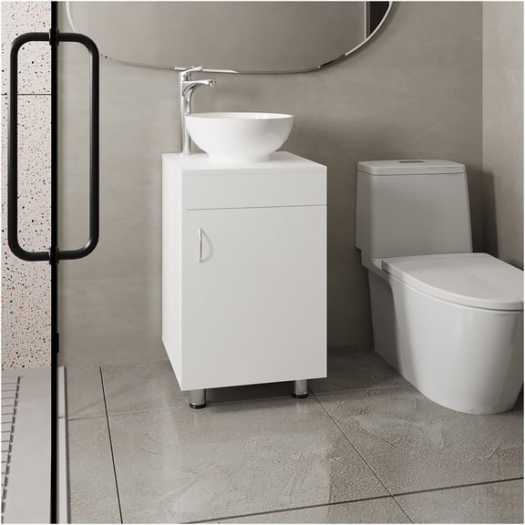 JERFIT 18 inch Freestanding Bathroom Vanity with Vessel Sink, Single Door Storage Cabinet in White for Small Space, Modern