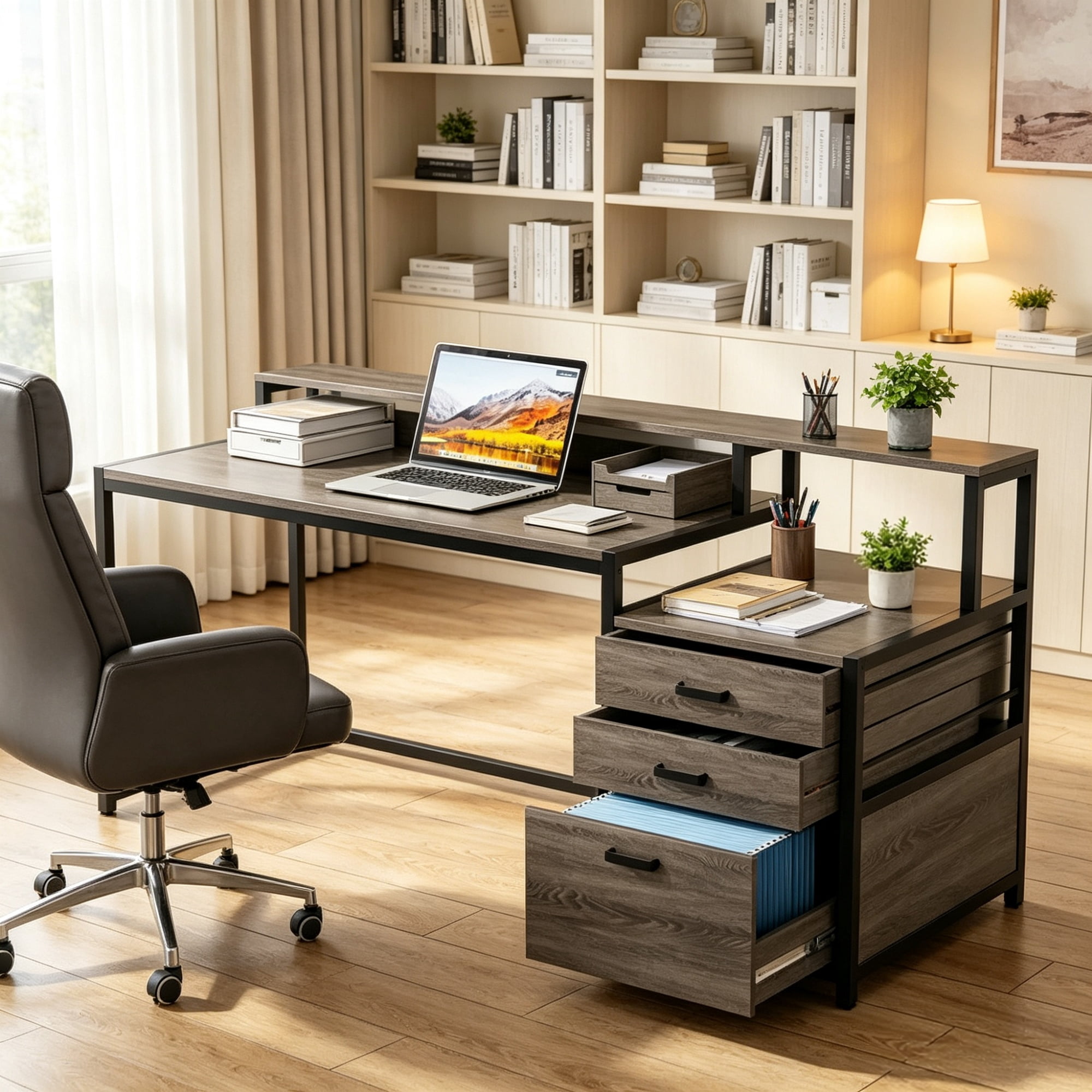 Astoutdoor Ergonomic Computer Desk with Drawers and Monitor Stand, Office Desk