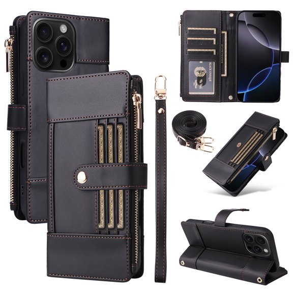 ELEHOLD Wallet Case for iPhone 13, Slim Rugged TPU Protective Cover Faux Leather Finish Anti-Scratch Zipper Card Slot Cash Holder Shockproof Case with Detachable Lanyard,Black