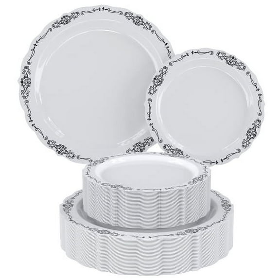 Exquisite White and Black Victorian Design Plastic Plates Combo - 40 Dinner Plates, 40 Dessert Plates