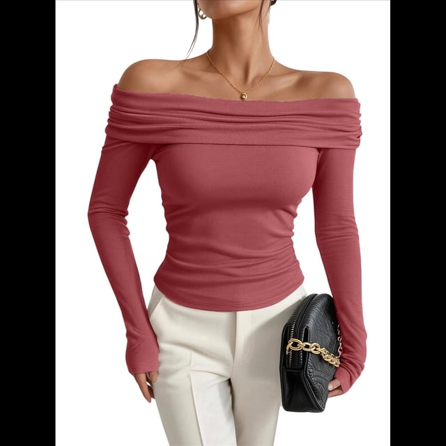 Blusas Elegantes Informales con Hombros Descubiertos para Mujer, de Corte Entallado, de Larga, para Salir en y Otoño. Rojo XL