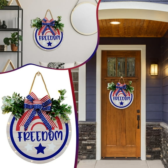 KUNPENG Patriotic Freedom Door Sign, 4th of July Independence Day Welcome Sign, Rustic Hanging Wall Decor for Front Porch, Memorial Day Veterans Day Red White Blue Home Decoration
