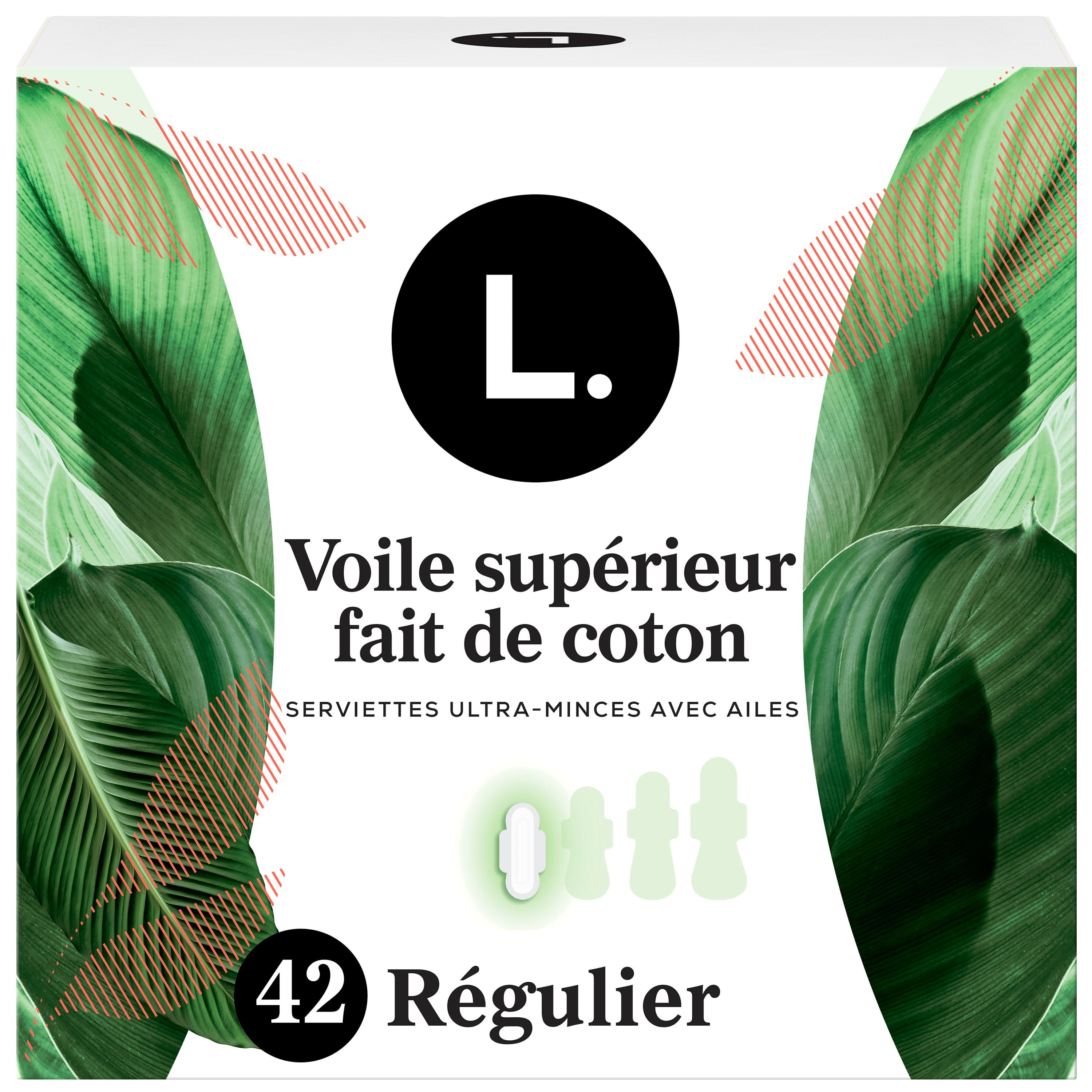 L. Ultra Thin Pads for Women, Organic Cotton Top Layer, Regular Absorbency, Menstrual Pads with Wings, 42 Count