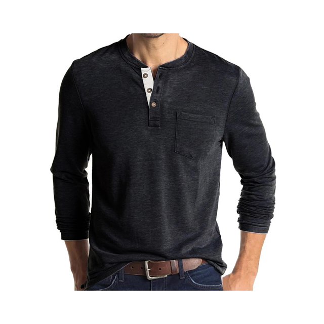 Sunloudy - Camisetas para hombre, manga larga, cuello, diseño de botones, bolsillos, ropa de calle decorativa, tops de fondo Sunloudy moda