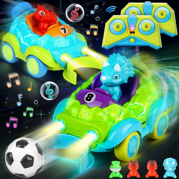 UUSUOO Dinosaur Remote Control Car for Toddlers,2 Pack Rechargeable RC Cars for Kids 3-5 with LED Lights & Music & Soccer Ball,Dinosaur Toys for Ages 2-4, Christmas Birthday Gift for Boys Girls