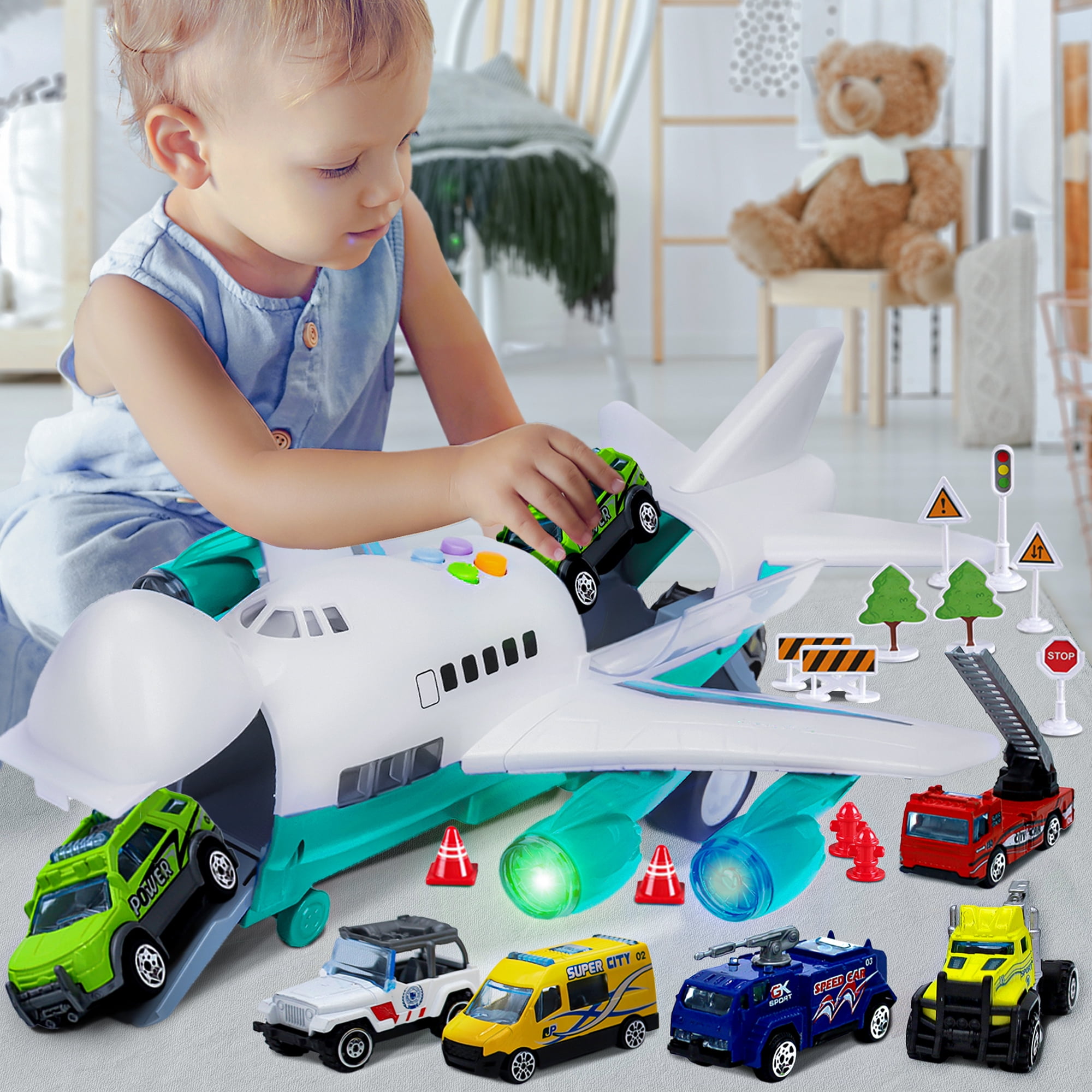 JoyX Airplane & Car Toy Educational Set for Kids – Interactive Play with Lights, Sounds & Road Signs