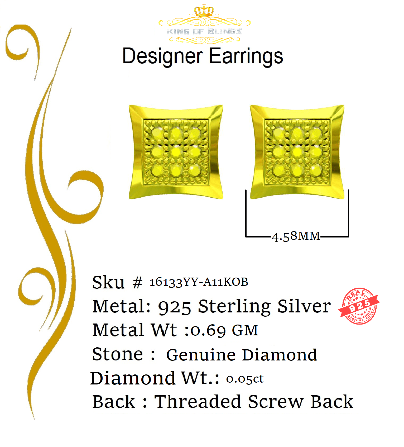 King of Bling's 0.05ct Diamond Stud Earrings For Women Yellow 925 Sterling Silver kite For Men